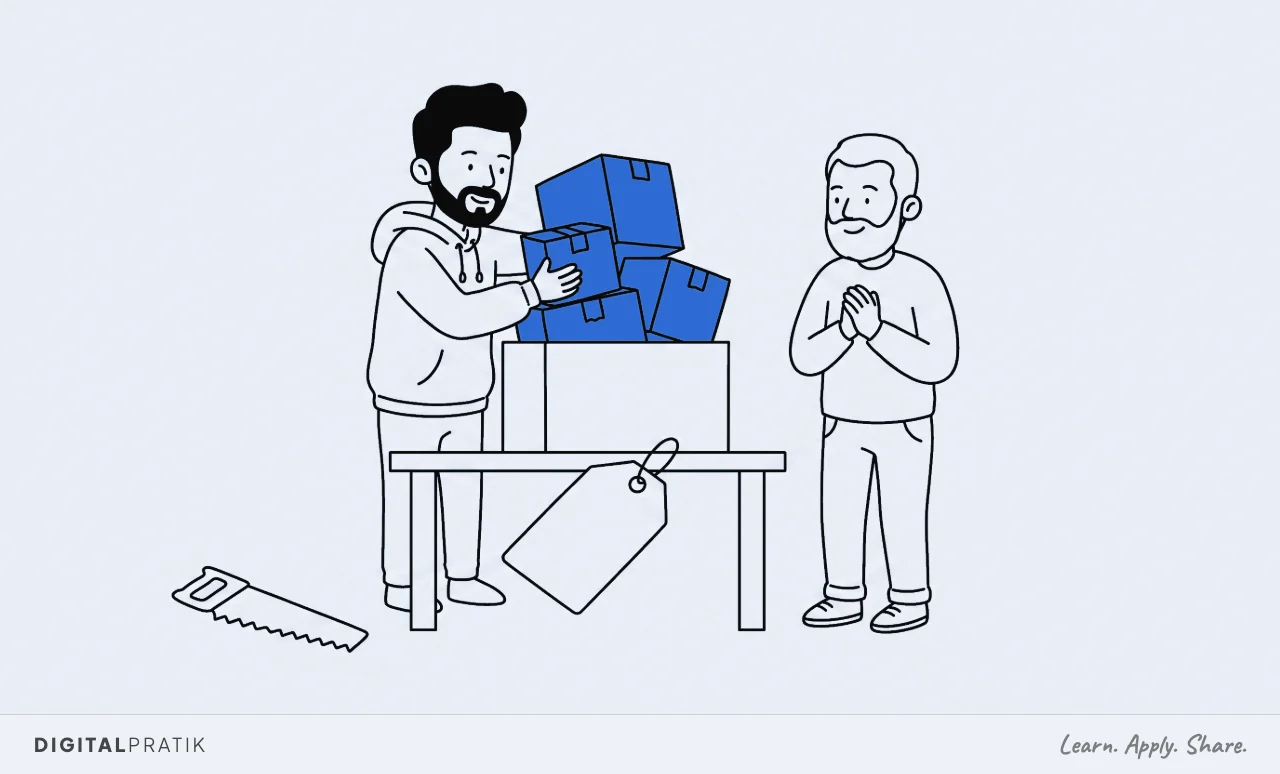 A line drawing of a main box on a table with its price tag untouched. A man in a hoodie is setting three extra yellow parcels down beside and on top of it, while a handsaw lies abandoned on the floor, unused.