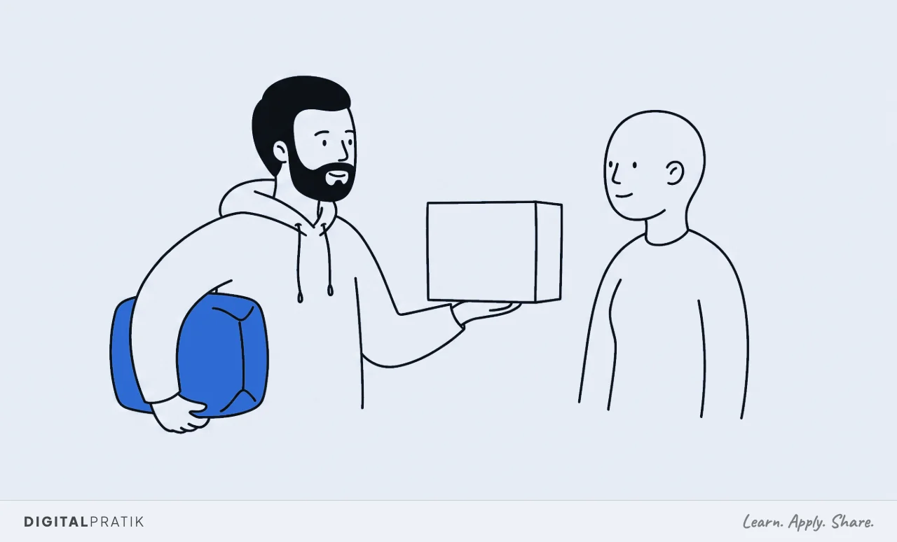 A line drawing of a man in a hoodie presenting a main box to somebody while keeping one extra blue parcel hidden behind his back, held out of sight, waiting for the right moment.