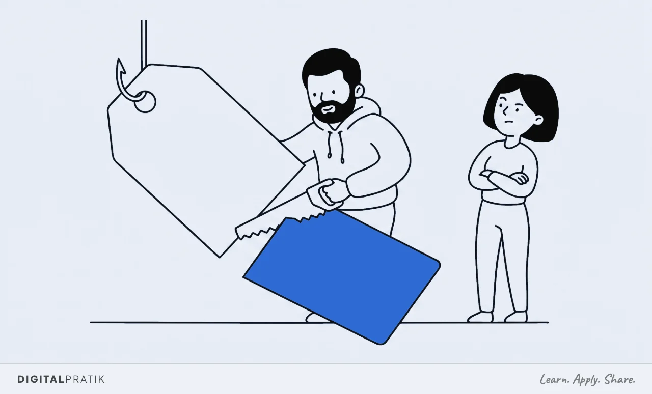 A line drawing of a price tag hanging from a hook while a man in a hoodie saws a chunk clean off the bottom of it, the sawn-off piece drawn in yellow falling to the floor. Somebody watches with a raised eyebrow and folded arms.