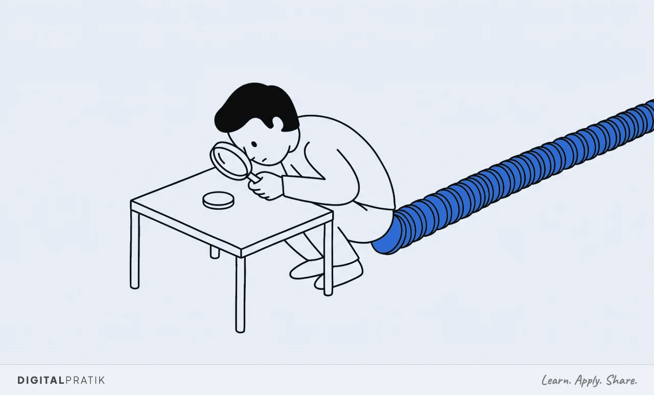 A line drawing of a person crouched over a table peering through a magnifying glass at one single coin, with their back turned to a very long yellow line of identical coins stretching away behind them and off the edge of the frame.
