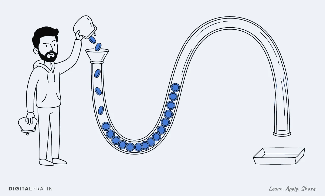 A line drawing of a man tipping the last coins out of a purse into a long looping transparent pipe. The yellow coins are visibly still in transit halfway round, the collection tray at the other end is empty, and he holds the purse upside down and empty.
