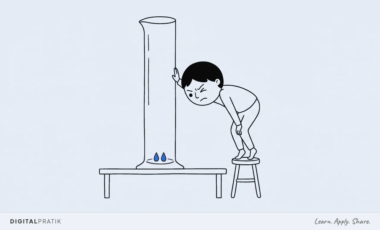 A line drawing of a person on tiptoe on a stool, squinting hard into an absurdly tall measuring jar that contains only two tiny yellow droplets at the very bottom.