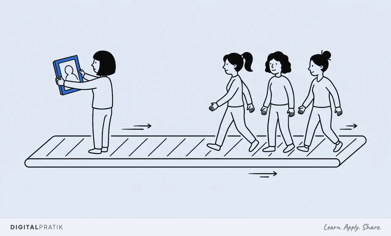 A line drawing of a moving walkway travelling to the right, with one person standing on it facing backwards, holding up a yellow framed photograph and comparing it to the empty stretch behind them, while three new people step on ahead, unnoticed.