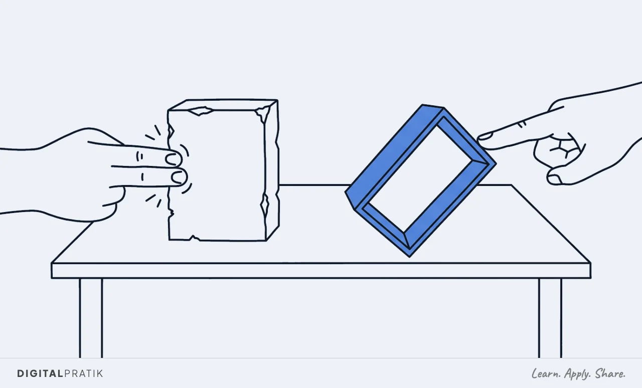 A line drawing of two blocks on a table that look identical from the front. A hand strains uselessly against the solid stone one on the left, while a single fingertip has tipped up the yellow one on the right to reveal it is a hollow shell of thin card.