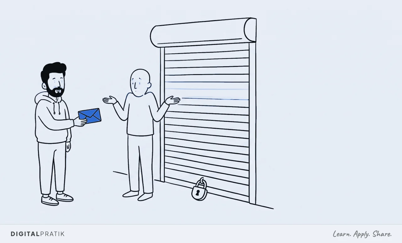 A line drawing of a man in a hoodie holding out a yellow envelope to a courier. The courier has turned back with empty hands raised in a shrug, because a tall shutter in front of him is pulled down to the ground and fastened with a padlock.