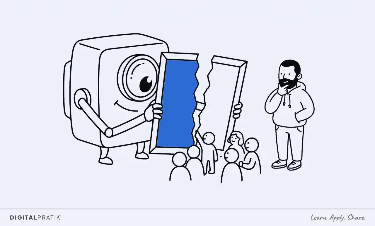 A line drawing of a large boxy machine with one round lens for an eye, holding up a portrait frame that has been torn down the middle. Only the left half is left and it is filled solid blue. The machine peers at a small crowd of people, trying to find a match. A man in a hoodie watches with a hand on his chin.
