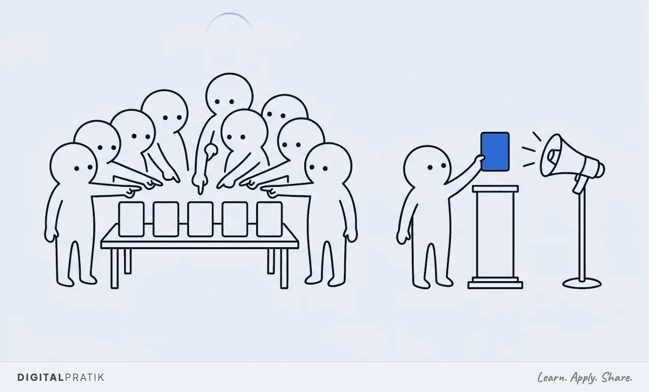 A line drawing of eight people crowded around a table of five blank cards, every one of them pointing at the same card. On the right that same card, drawn in yellow, now stands alone on a pedestal with a megaphone aimed at it.