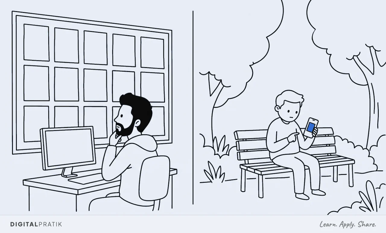 A line drawing split in two. On the left a man at a desk faces a wall board tiled with fifteen near identical blank posters. On the right an ordinary person on a park bench holds a phone showing exactly one yellow poster.