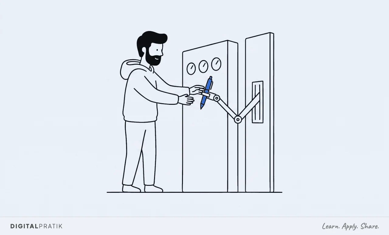 A line drawing of two upright panels side by side. The left one only displays four dials and is being ignored, while a mechanical arm reaches out of the right one holding a yellow pen towards the man, who is taking it.