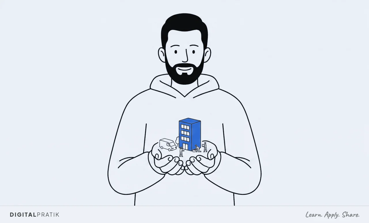 A line drawing of a man holding his two hands cupped together, with an entire miniature business resting safely in his palms: a small yellow office building, a delivery van and three tiny figures at work around it.
