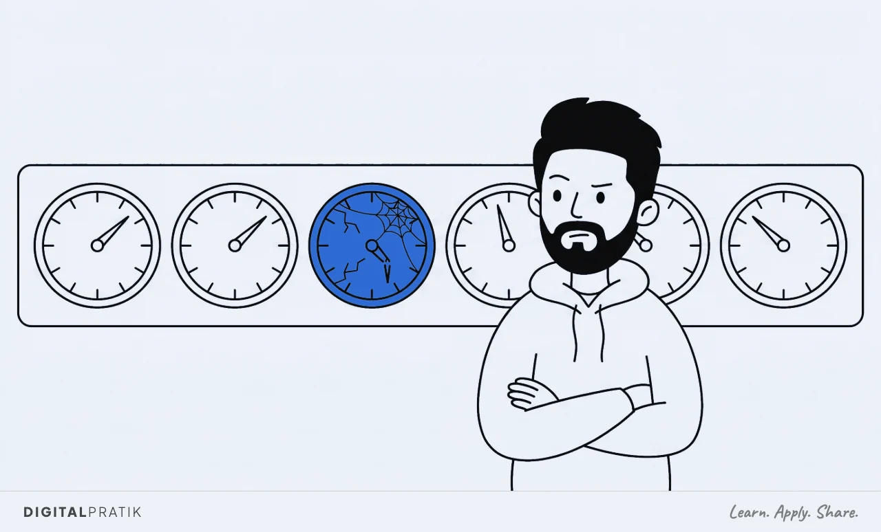 A line drawing of a panel of six dials where one, drawn in blue, is cracked and strung with a cobweb and its needle has snapped, while the man in front of it eyes the five working dials beside it with suspicion.
