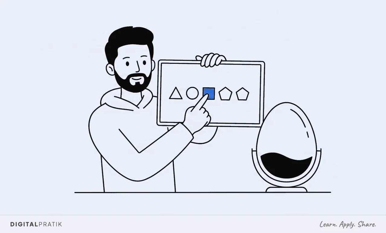 A line drawing of a man jabbing a decisive finger at one yellow shape among six on a screen he has just been handed, with an egg timer beside him almost run through.
