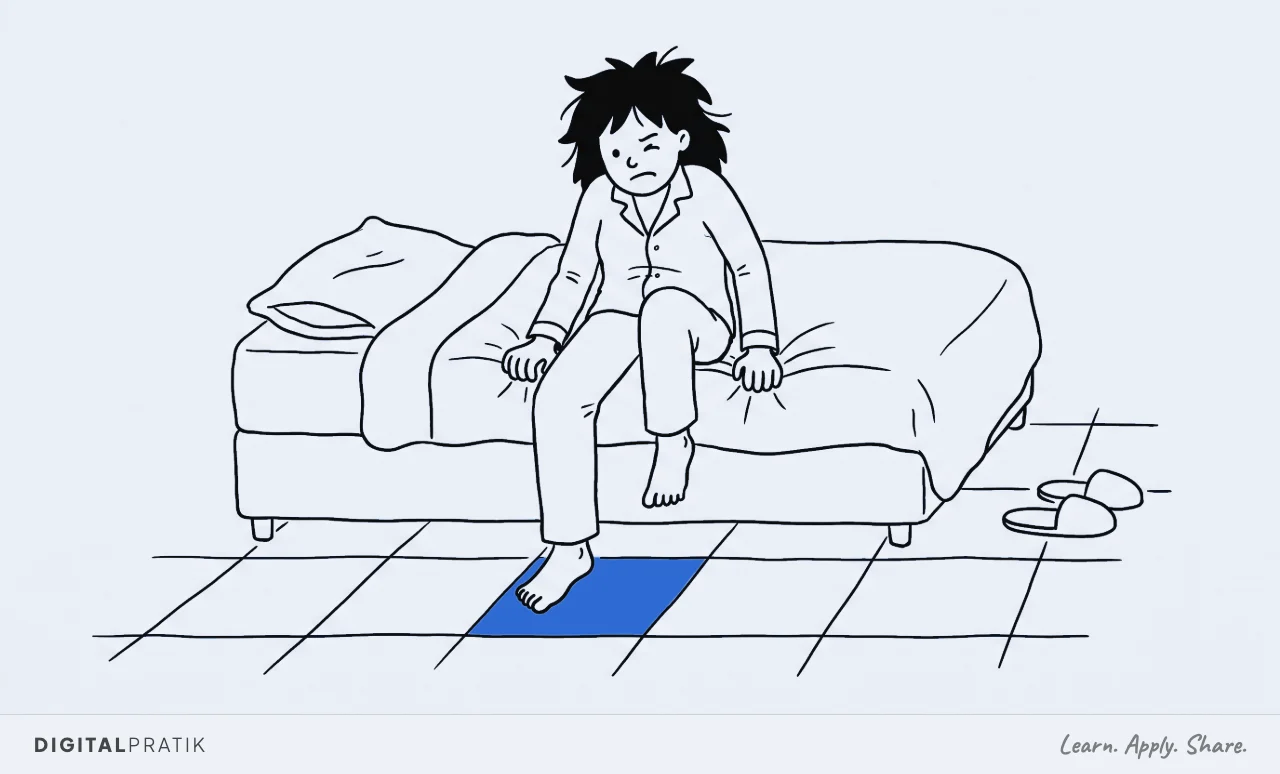 A line drawing of a person sitting on the edge of a bed first thing in the morning, one bare foot just touching a yellow floor tile, their whole face screwed up at that first step.