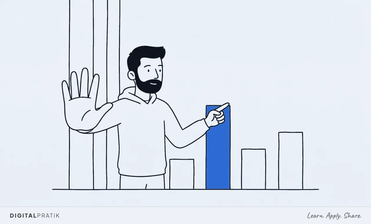 A line drawing of a man covering an enormous first column of a simple bar chart with his flat palm, deliberately not looking at it, while pointing decisively at a smaller yellow spike further along the row.