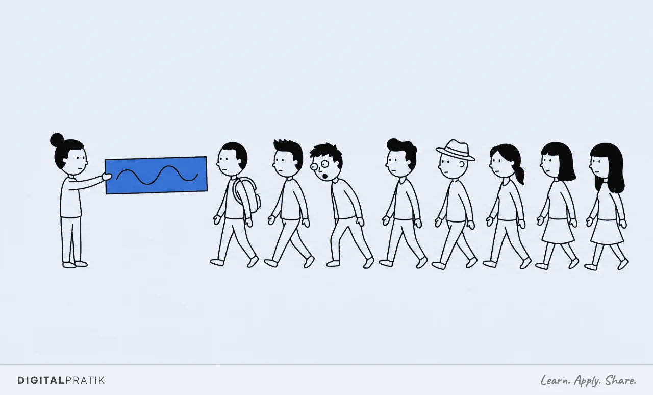 A line drawing of one person holding up a single yellow card carrying one wavy line, while eight people walk past in a row. Seven face straight ahead and keep going, and one has stopped mid stride and turned to stare at the card.