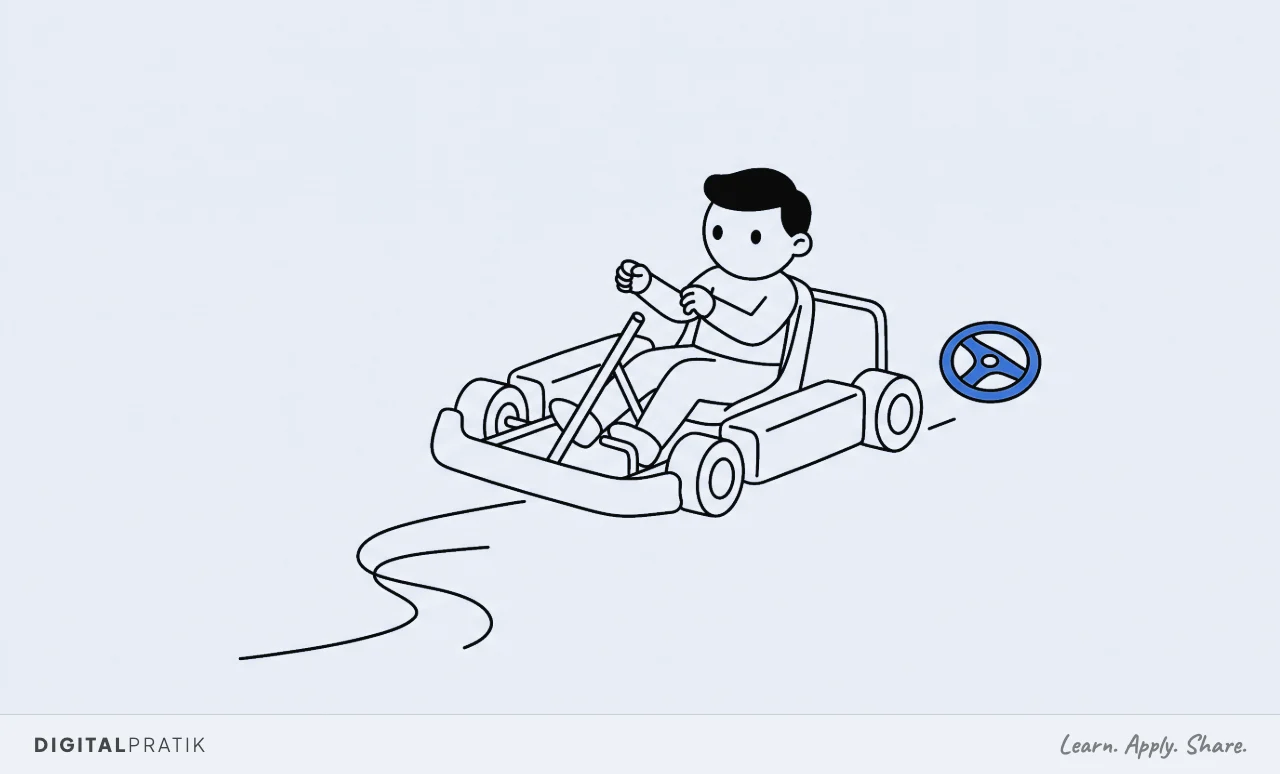 A line drawing of a go kart veering off a marked line, its steering column completely bare and the driver gripping empty air, with the yellow steering wheel lying discarded on the ground behind it.