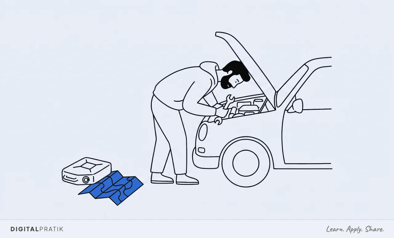 A line drawing of a man buried head and shoulders under a car bonnet with a spanner, working hard on an engine that is fine, while an empty fuel can and a folded unopened yellow map sit ignored on the ground behind him.