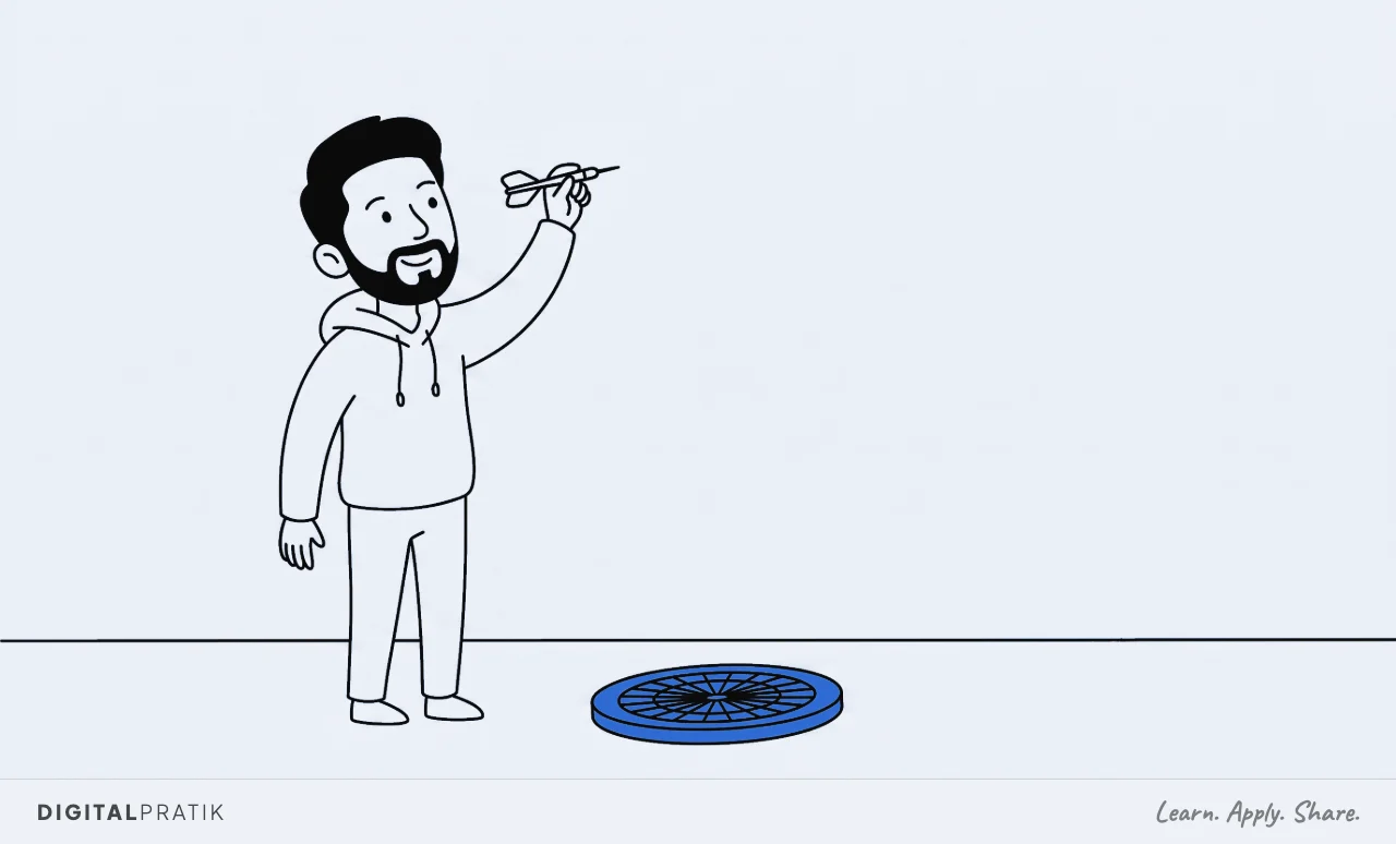 A line drawing of a man in a hoodie confidently aiming a dart at a completely blank empty wall. The actual round target board, drawn in yellow, lies face down on the floor at his feet, and he has not looked down once.