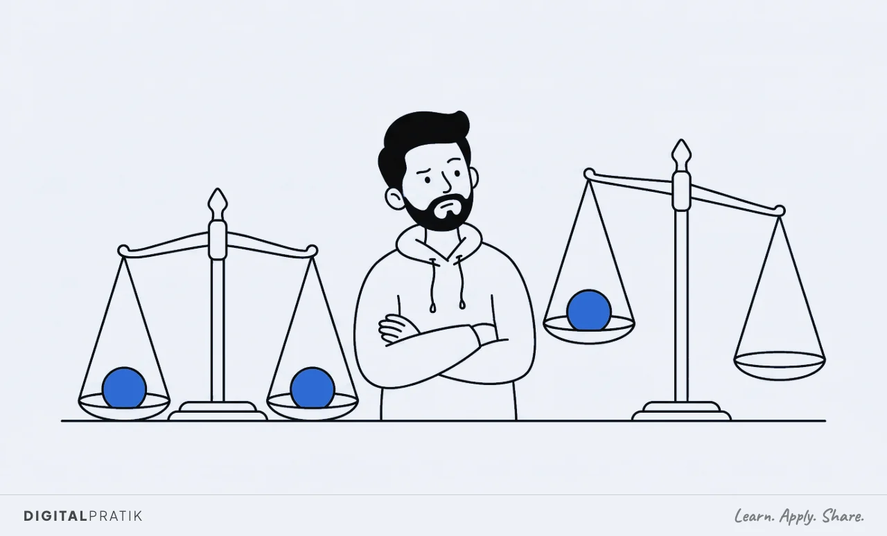 A line drawing of two identical balance scales side by side, each with one identical small blue token on its pan. On the near scale the token has slammed the pan to the ground. On the far scale the same token has barely moved it.