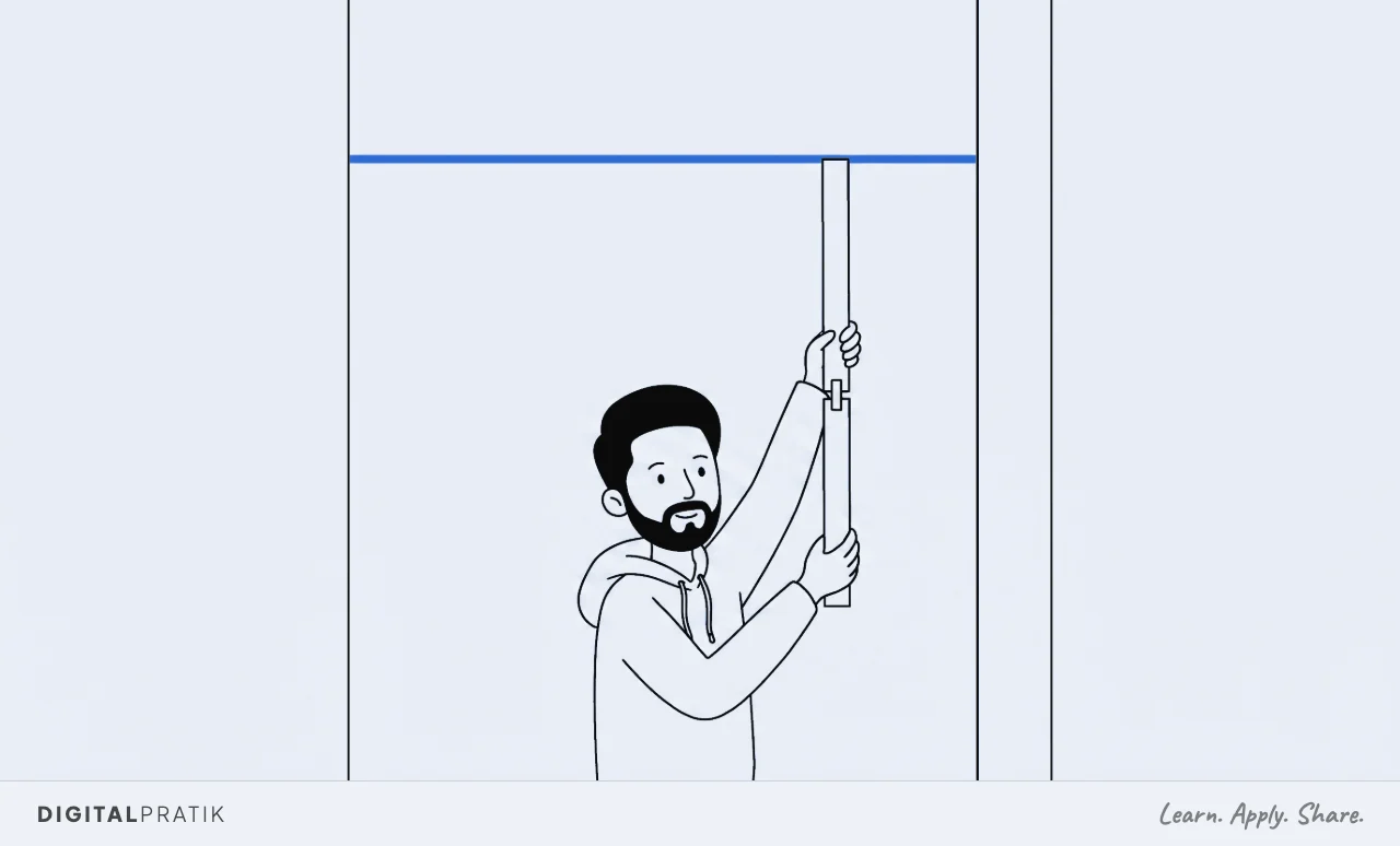 A line drawing of a man in a hoodie holding a measuring stick made of exactly two segments clipped end to end against a tall blank wall, reaching precisely up to a single yellow line drawn high on the wall. One segment alone would fall short.