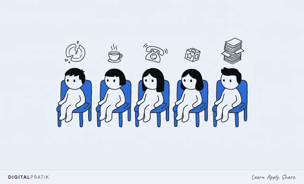 A line drawing of five people sitting in one row of blue chairs all facing the same way, with a different object floating behind each of them: a smashed plate, a calm teacup, a ringing telephone, a child's toy and a toppling stack of papers.