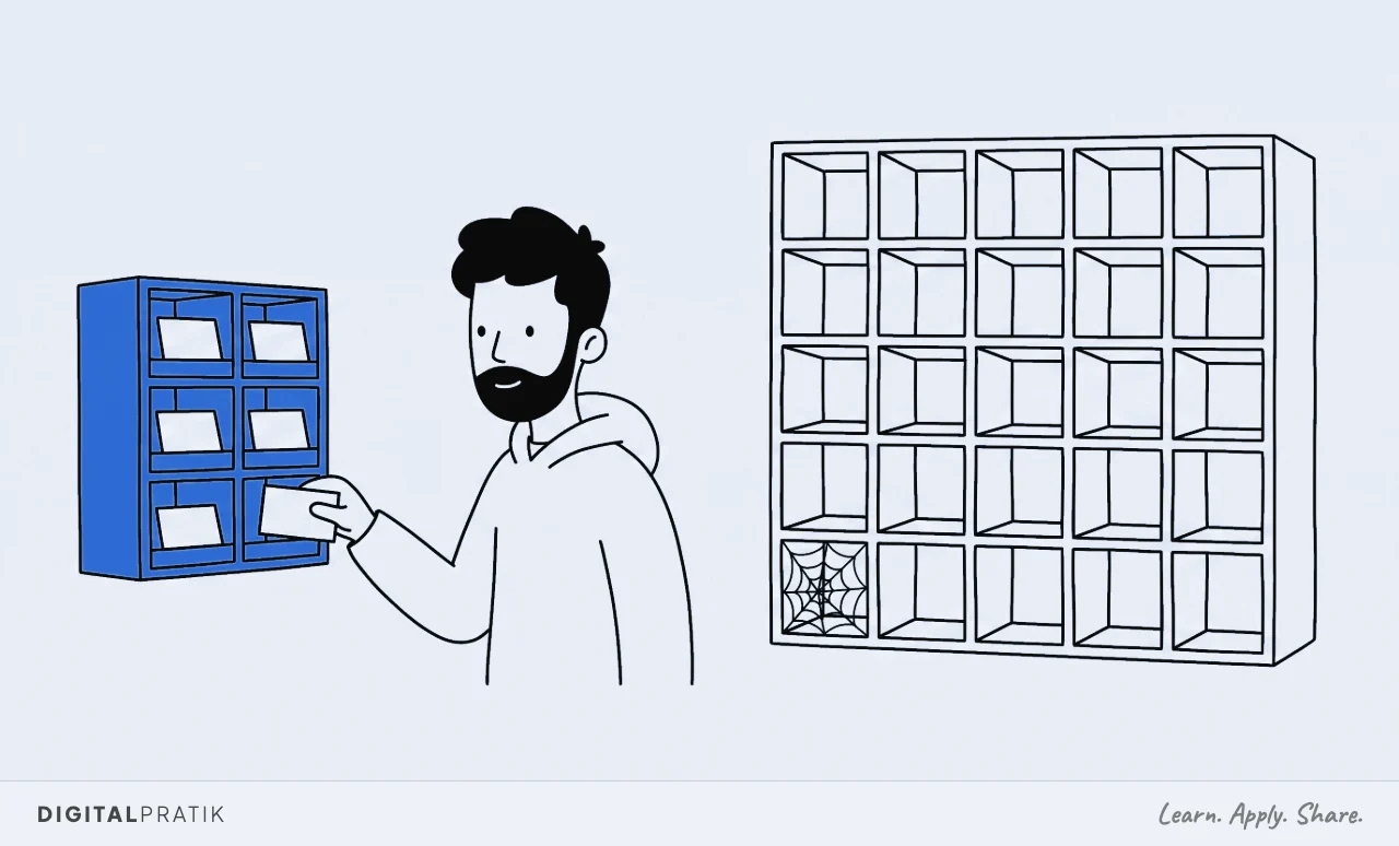 A line drawing of a man calmly sliding the last card into a small blue rack of six pigeonholes, while a huge empty rack of twenty five compartments hangs on the wall beside it with a cobweb in one corner and not a single card in it.