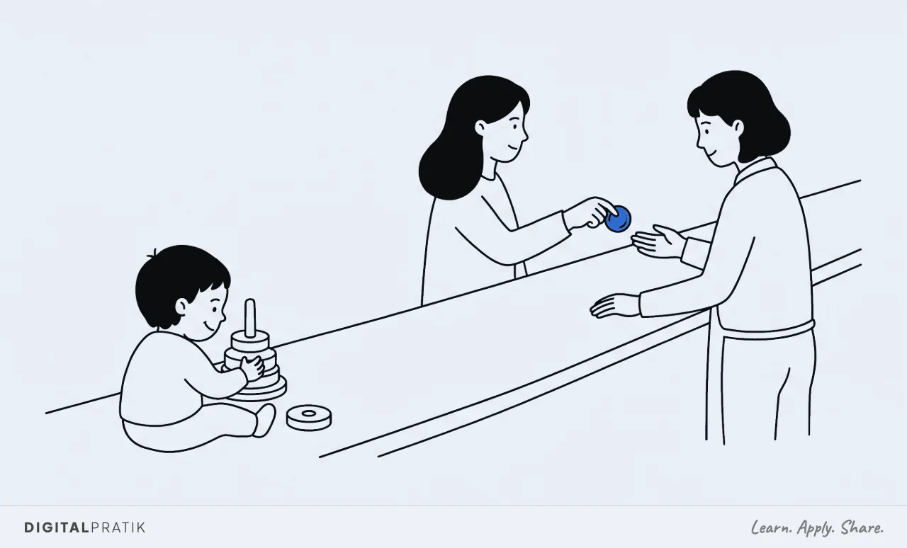 A line drawing of a shop counter. On one side a toddler sits on the floor happily using a simple product, absorbed in it. On the other side a parent hands one blue coin across to a shopkeeper.