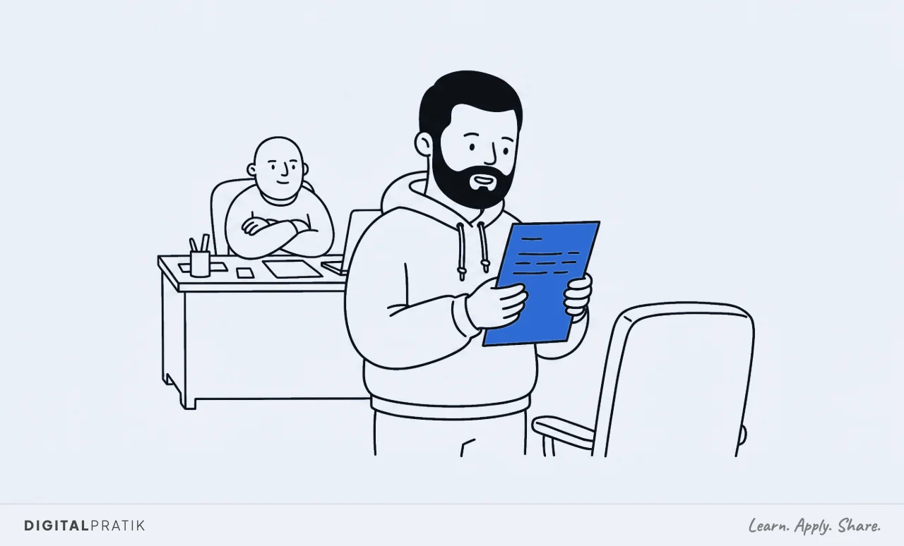 A line drawing of a man in a hoodie reading aloud from a yellow letter with great sincerity to a completely empty chair. Directly behind him, unnoticed, the actual decision maker sits at a desk with folded arms, waiting.
