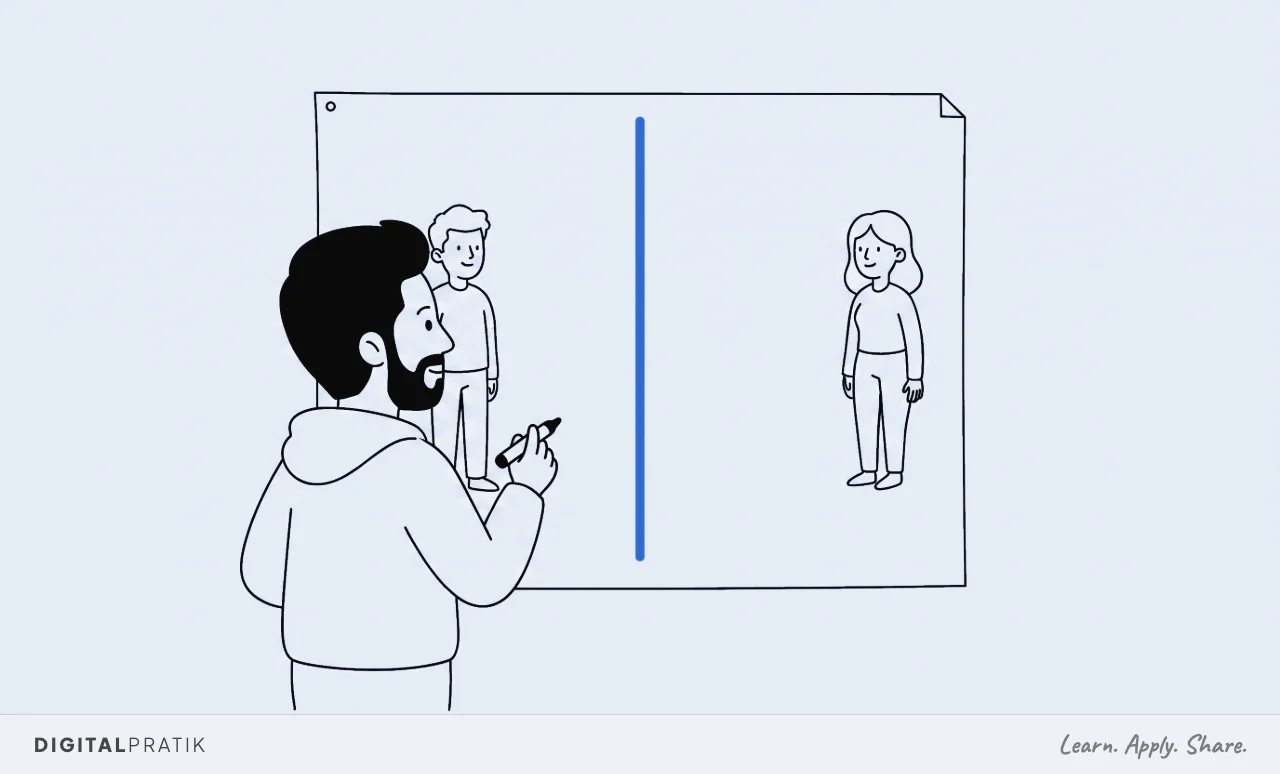 A line drawing of a large blank sheet pinned to a wall with one bold yellow vertical line drawn down the middle of it. A man in a hoodie stands back with a marker, and two different people stand on either side, one per column.