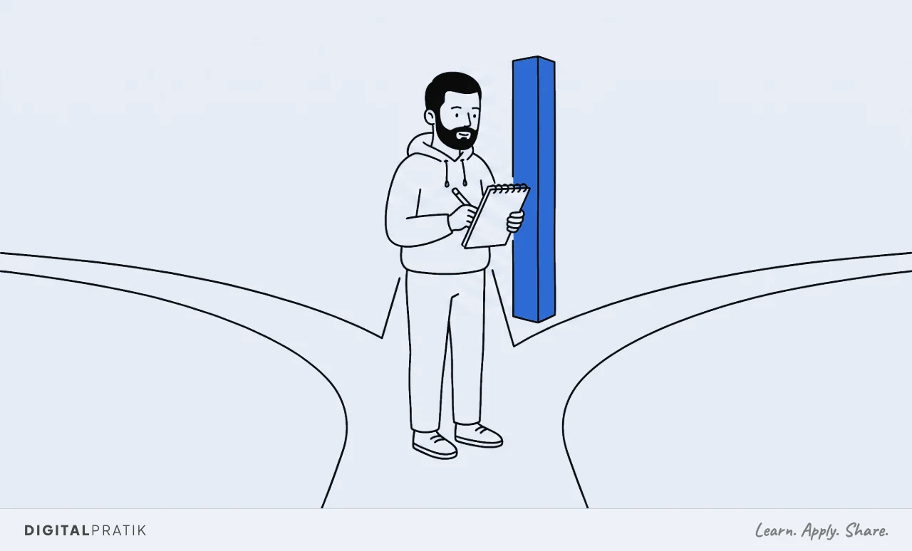 A line drawing of a man in a hoodie stopped at a tall yellow marker post where the path splits into three separate routes. He has taken out a notebook and pencil and is writing his decision down before choosing one.