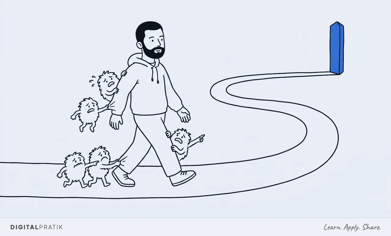 A line drawing of a man in a hoodie walking steadily along a long path towards a single tall yellow marker post far ahead. Small scruffy doubt-creatures tug at his sleeves and trouser legs, pointing back the way he came. He does not look at any of them.