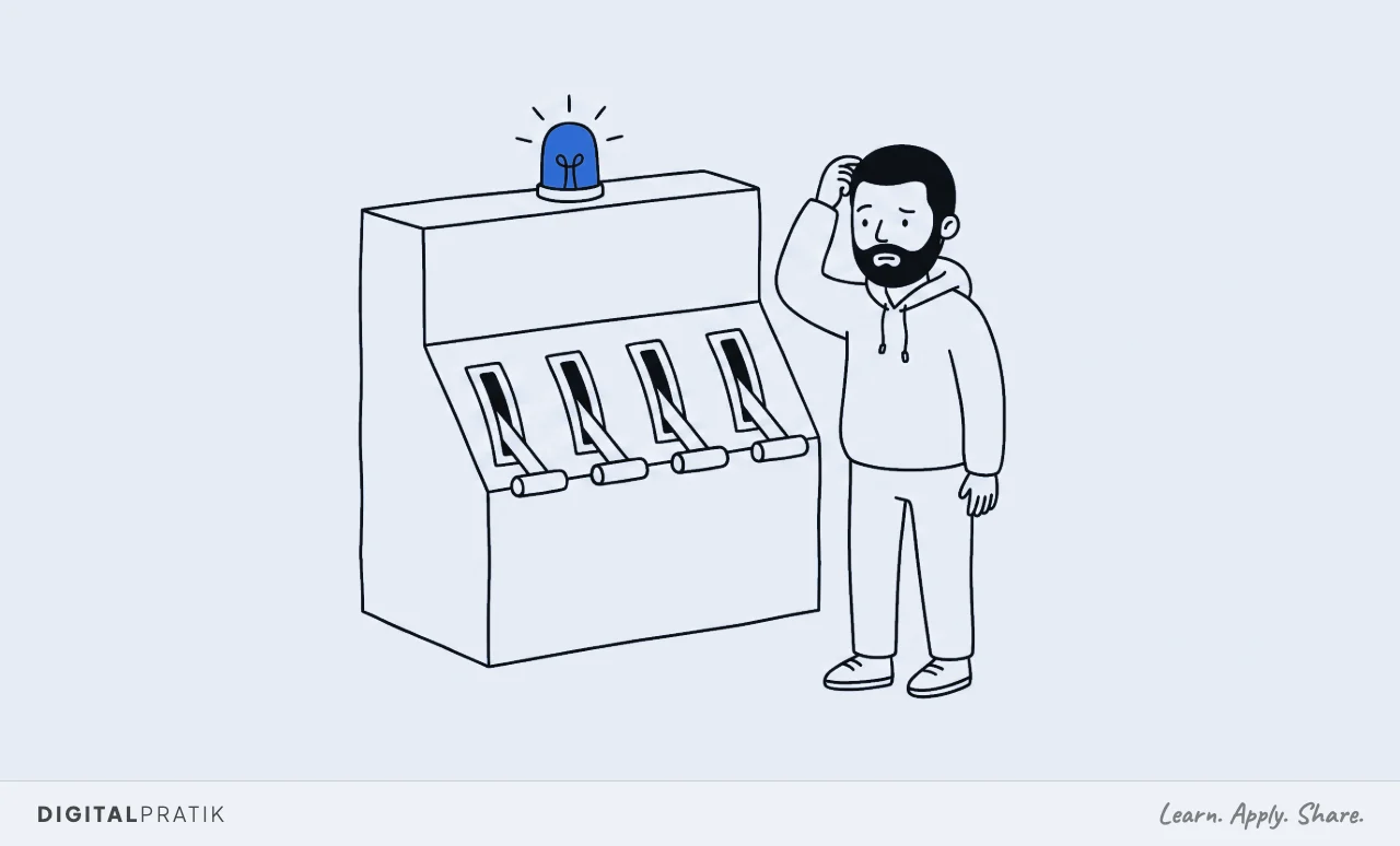 A line drawing of a large machine with four levers along its front, all pulled down at once, and a single yellow lamp lit on top. A man in a hoodie stands scratching his head, glancing from one lever to the next.