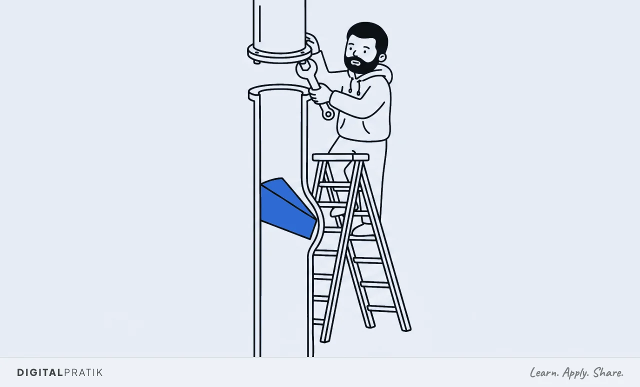 A line drawing of a tall pipe shown in cutaway. A man in a hoodie is up a stepladder at the very top with a spanner, about to rip off the top section. Halfway down, a fat yellow wedge is jammed across the middle of the pipe, blocking everything.
