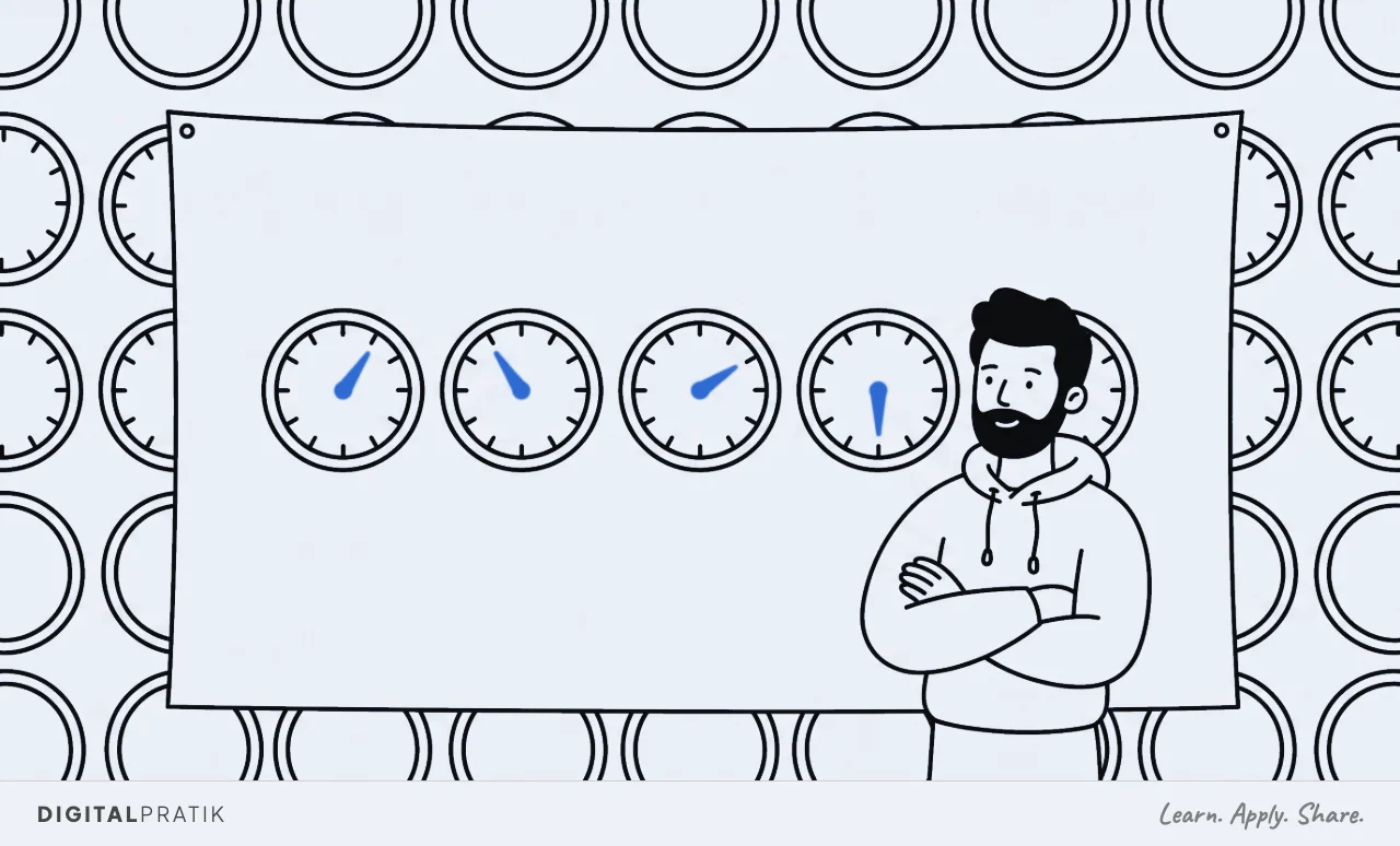 A line drawing of a wall covered in dozens of round dials with a large cloth thrown over almost all of them. Exactly five dials are left uncovered in a row, their needles drawn in yellow, and a man in a hoodie stands in front of those five with his arms folded.