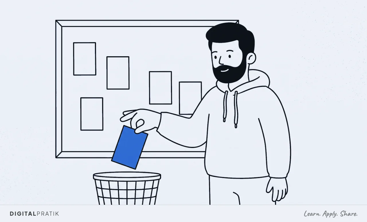 A line drawing of a man in a hoodie at a pinboard holding only a few blank cards, dropping one yellow card into a waste basket below without ceremony.