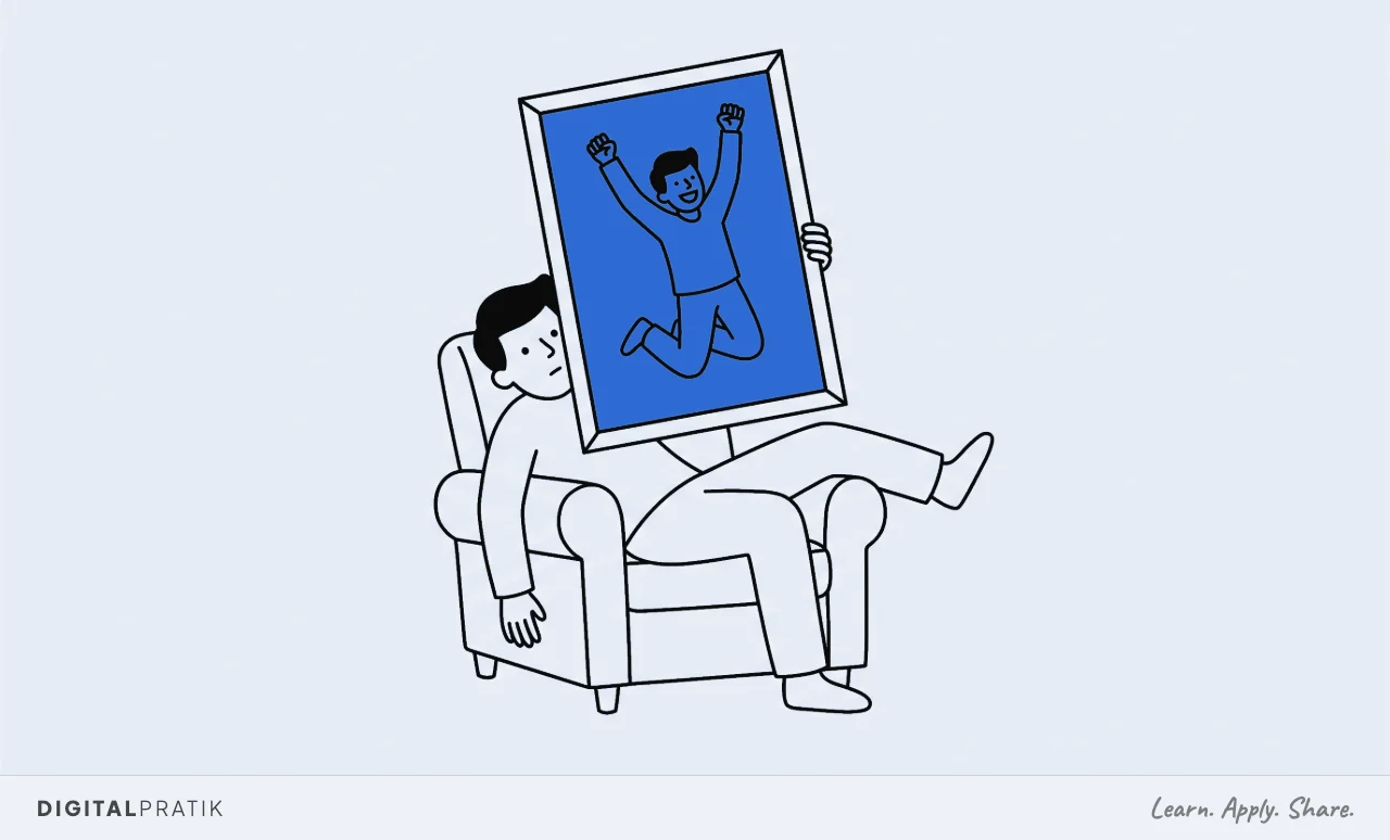 A line drawing of a person slumped low in an armchair in an ordinary tired posture, holding up over their own face a large yellow framed photograph of themselves mid leap with both arms thrown up in triumph.
