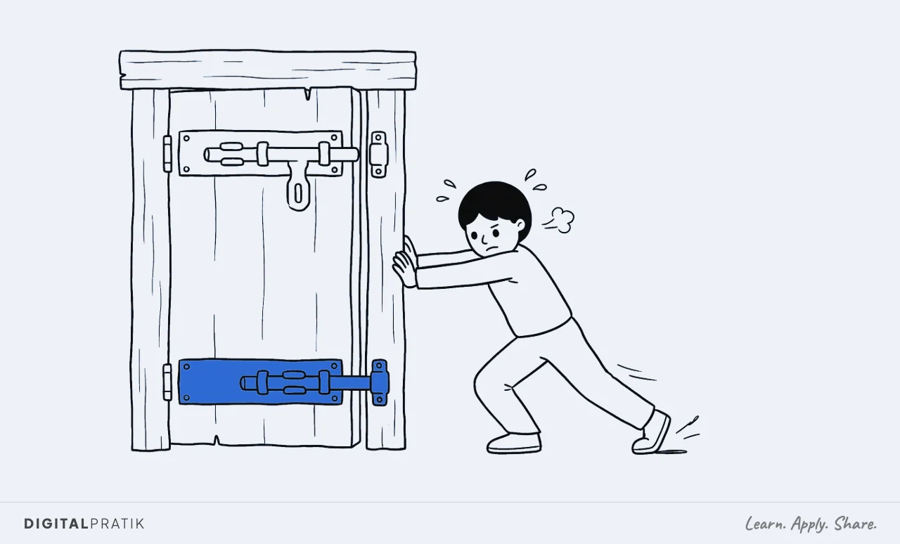 A line drawing of a person shoving a heavy door with their shoulder, feet slipping, while the top bolt hangs open and the bottom yellow bolt is still firmly shot across, holding it shut.