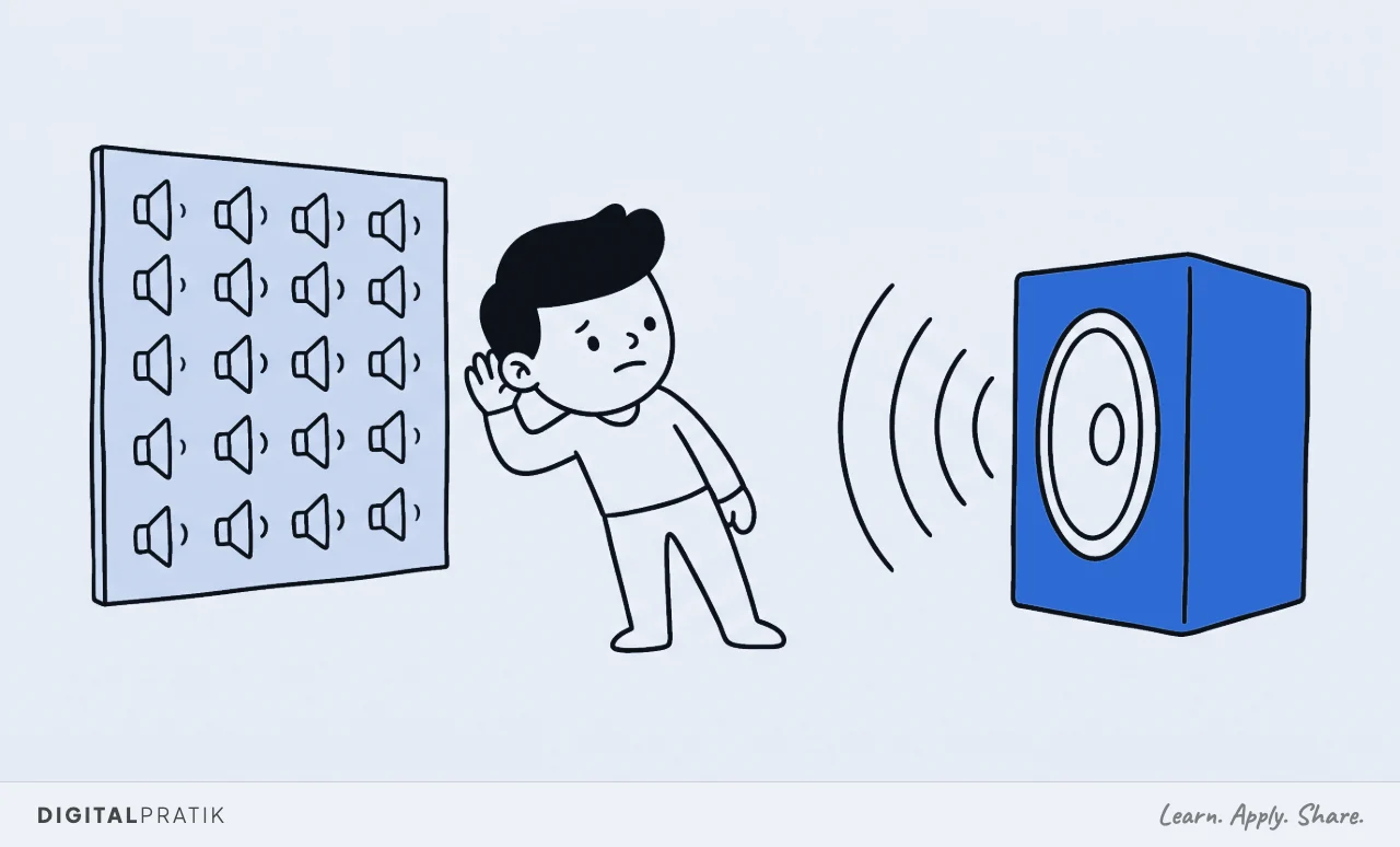 A line drawing of a person cupping a hand behind one ear, straining towards a board of twenty tiny loudspeakers each emitting one faint tick, while a single full sized yellow loudspeaker on the other side puts out strong clear sound arcs.