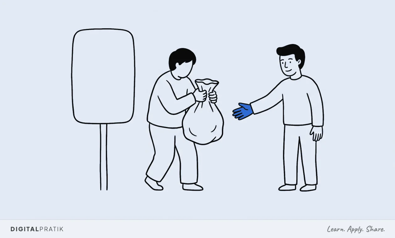 A line drawing of a person holding a heavy bag, hesitating between a completely blank faceless signboard on a pole and a real human being with a drawn face holding out one open hand, drawn in yellow. They have turned towards the hand.