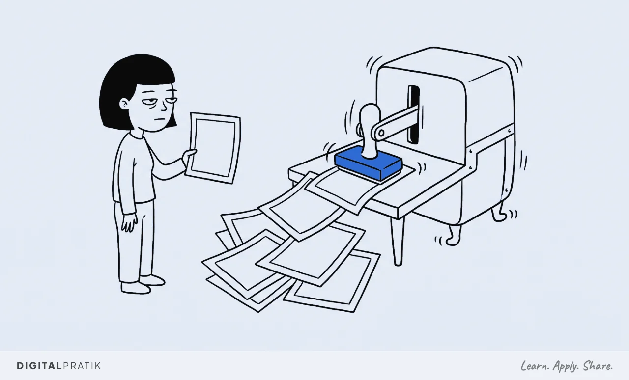 A line drawing of a machine rapidly stamping a pile of identical letters with a blue rubber stamp, letters spilling off the table in a heap. A person to the side holds one up with a flat, unimpressed expression.