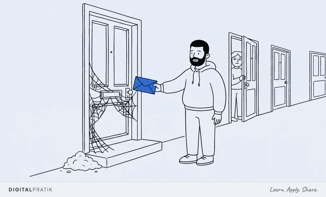 A line drawing of a man in a hoodie at a front door holding out a yellow envelope. Thick cobwebs stretch across the letterbox and dust has piled on the step. A resident peers through a narrow gap, unimpressed, holding the door almost shut.