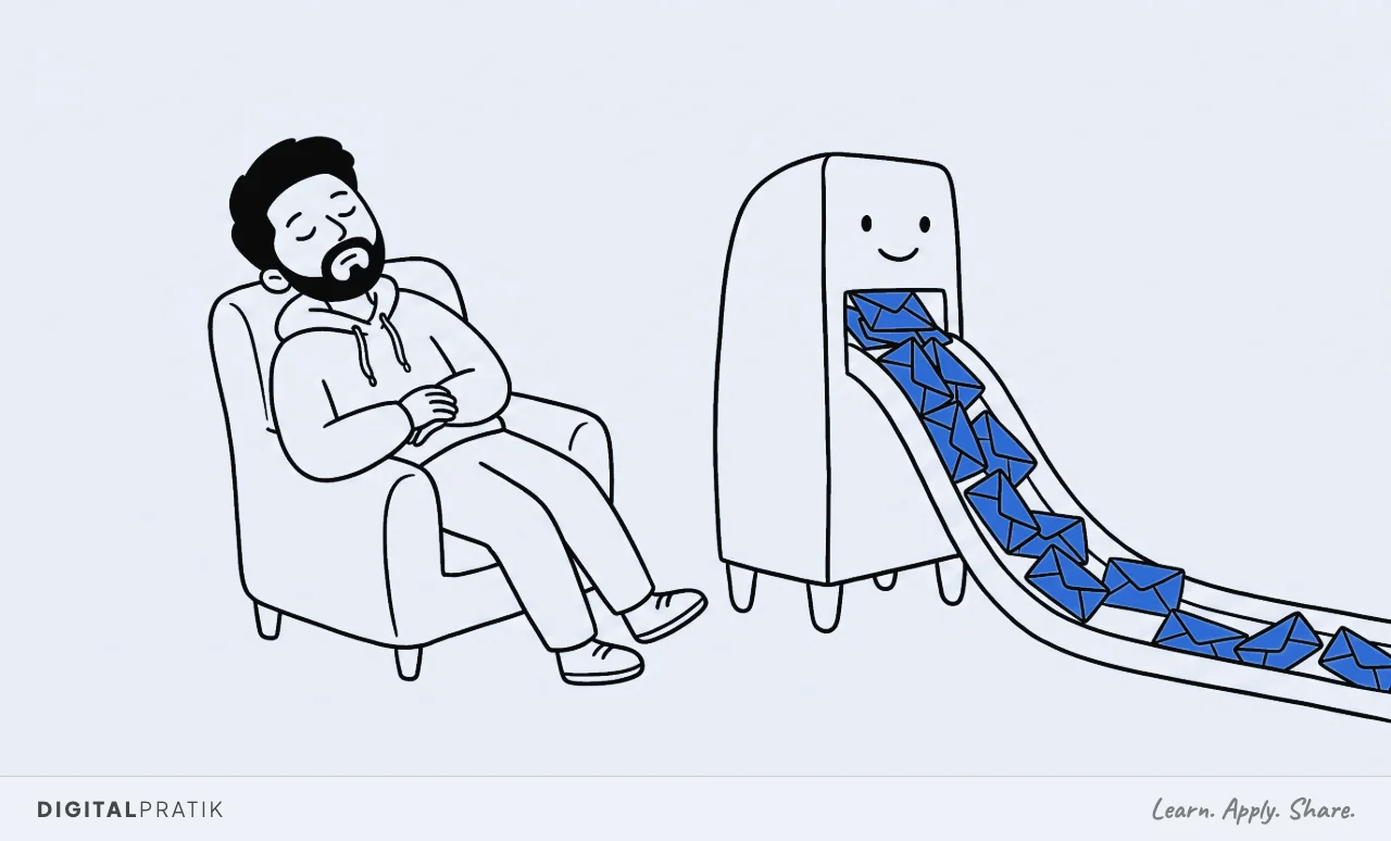 A line drawing of a man in a hoodie asleep in an armchair while a machine beside him works on its own, posting a steady stream of yellow envelopes into a chute one after another.