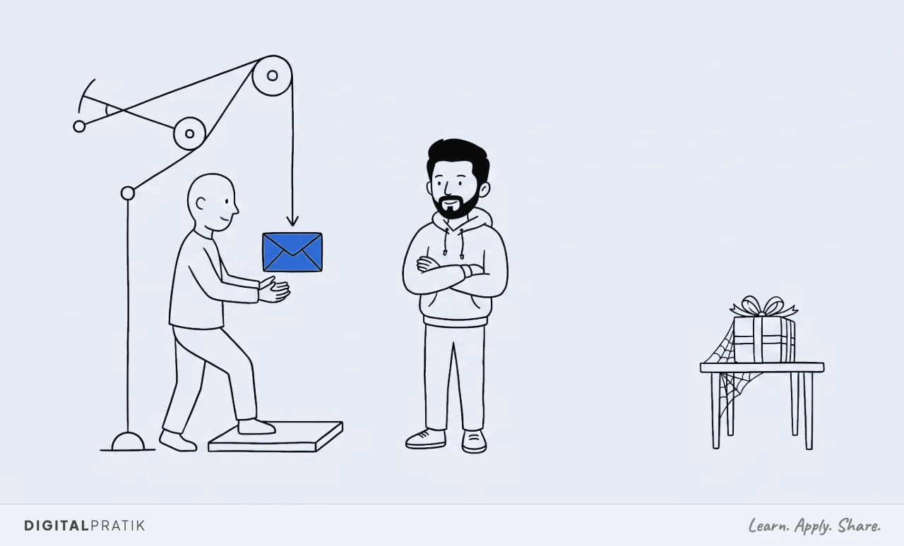 A line drawing of a visitor stepping on a pressure plate which trips a lever and drops a yellow envelope straight into their hands. Far away on a side table sits an untouched beautifully wrapped parcel with a cobweb on it.