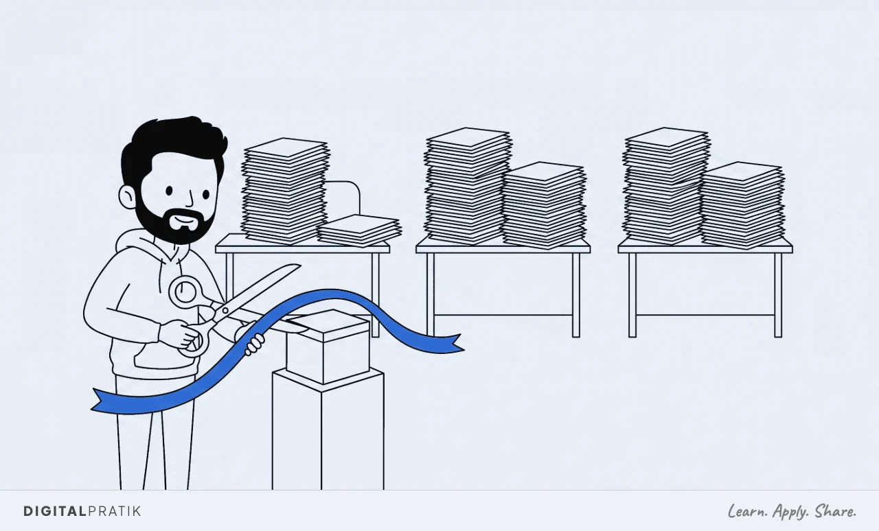 A line drawing of a man cutting a yellow ceremonial ribbon in front of one tiny box on a tall plinth, while behind him three desks remain buried under identical untouched towers of paper.