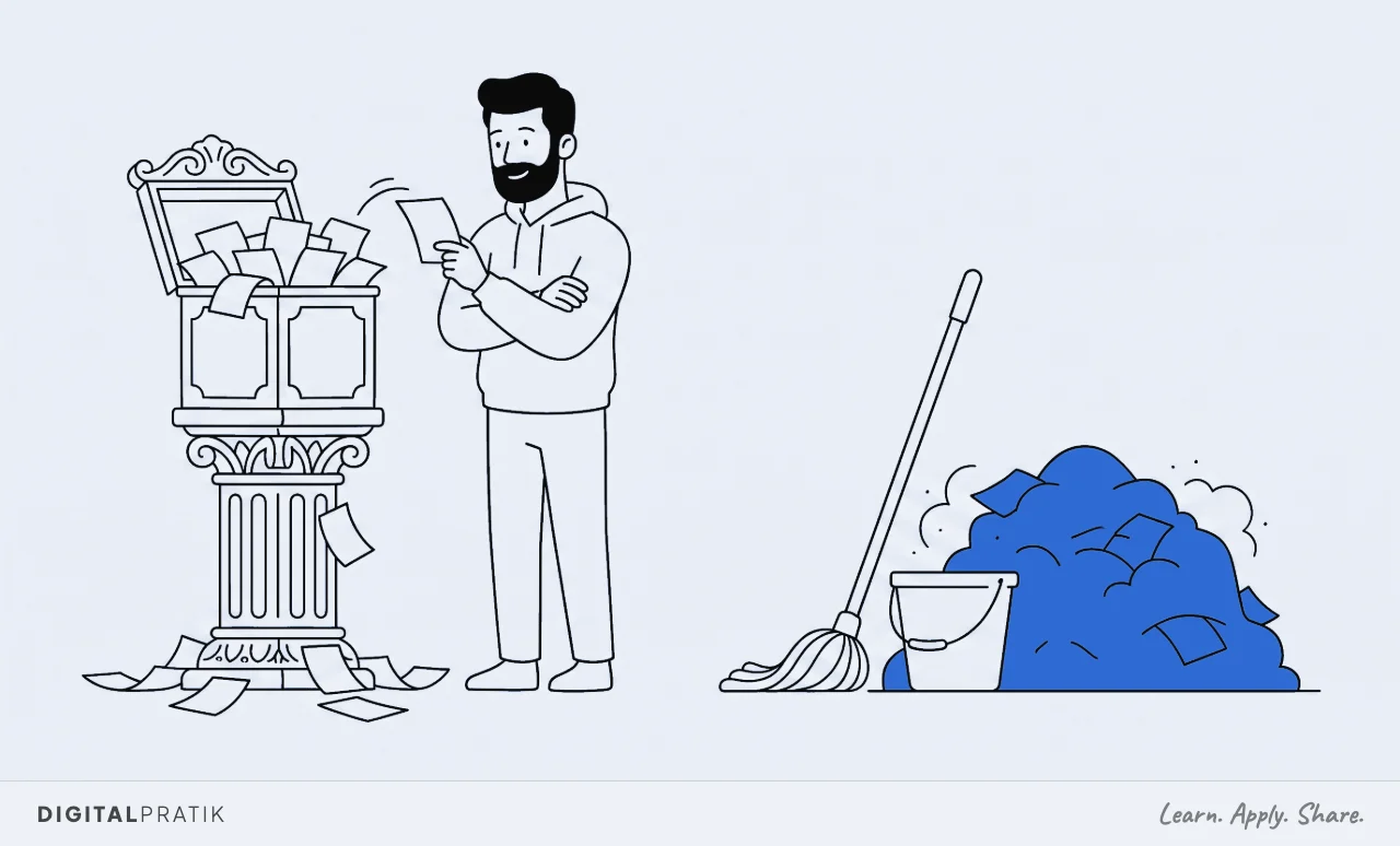 A line drawing of an ornate suggestion box on a carved pedestal overflowing with blank slips, a man reading one approvingly, and a yellow heap of unfinished work sitting untouched beside a mop and bucket.