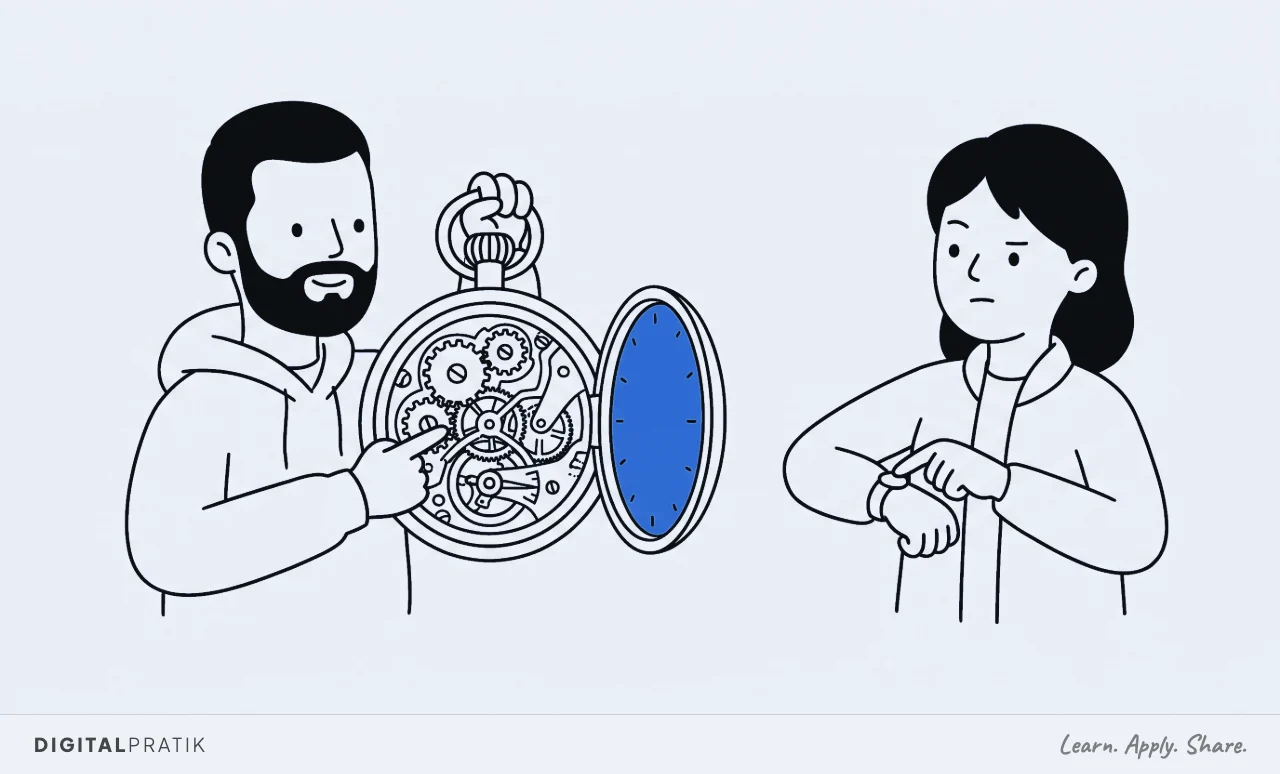 A line drawing of a man proudly holding open a pocket watch to show off its exposed gears, with a plain yellow watch face, while the person opposite him ignores the mechanism entirely and taps their bare wrist.