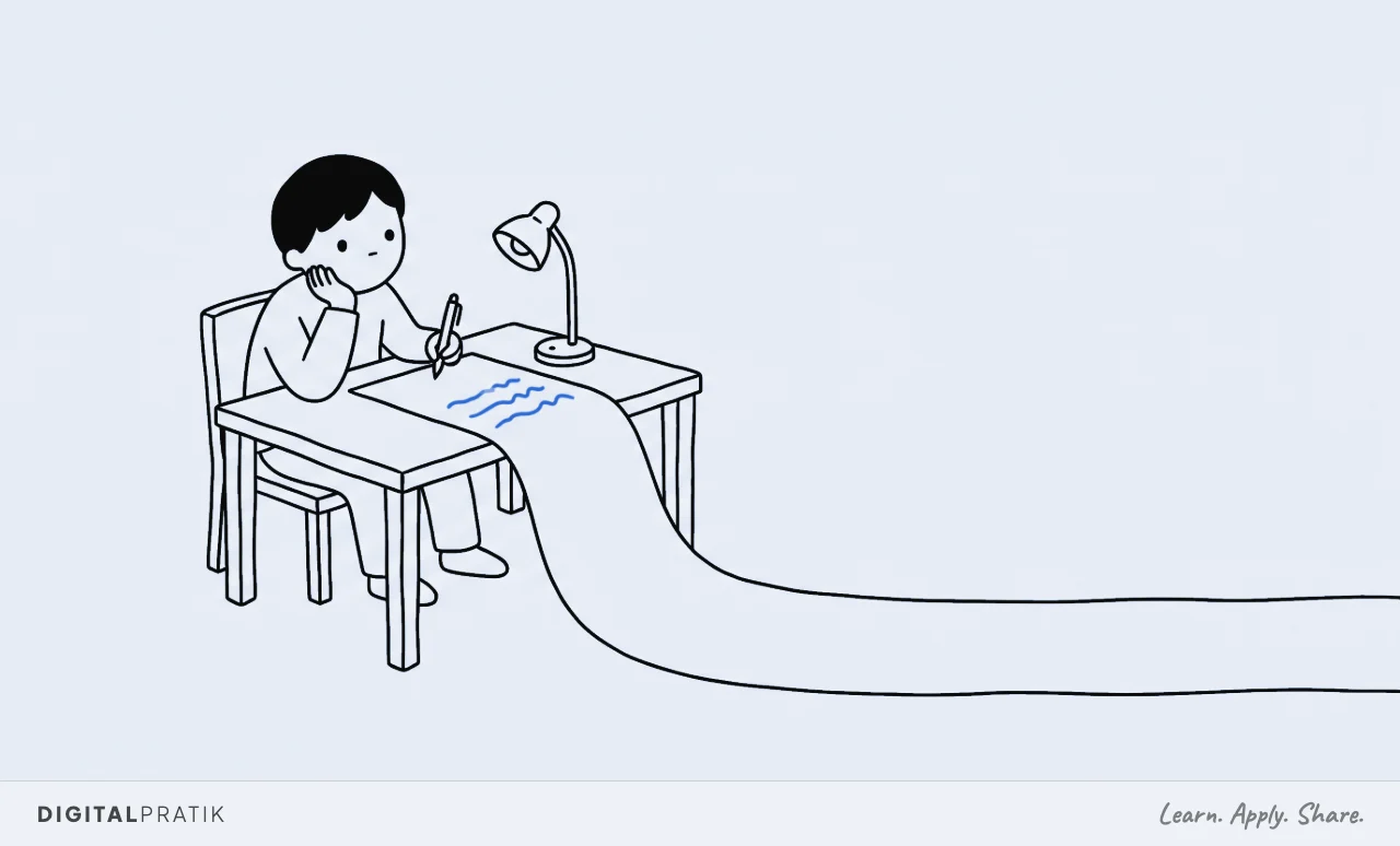 A line drawing of a person at a desk with a very long paper scroll unrolled across the floor and off the edge of the frame. Only three short blue wavy lines are written at the very top and all the rest is empty, while they stare blankly with pen hovering.