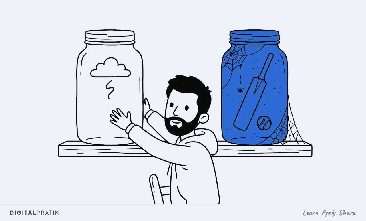 A line drawing of two jars on a shelf. The left one holds a small storm cloud and a man is reaching eagerly for it with both hands. The right yellow jar, holding a cricket bat and ball, is visibly dusty and has not been touched.