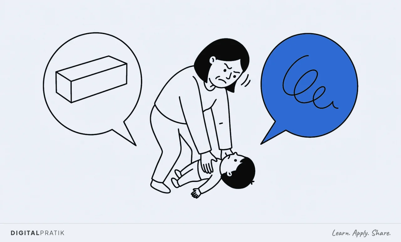 A line drawing of a parent stooping to lift a small child with a strained face, with two speech bubbles pointing at the same scene. The left one holds a rigid rectangular brick shape and the right yellow one holds a soft handwritten squiggle, and the parent has turned towards the right.