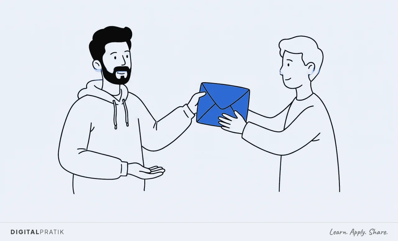 A line drawing of a man in a hoodie handing a blue parcel to somebody with one hand, his other hand open and empty at his side, expecting nothing back. The other person is reaching to take it.